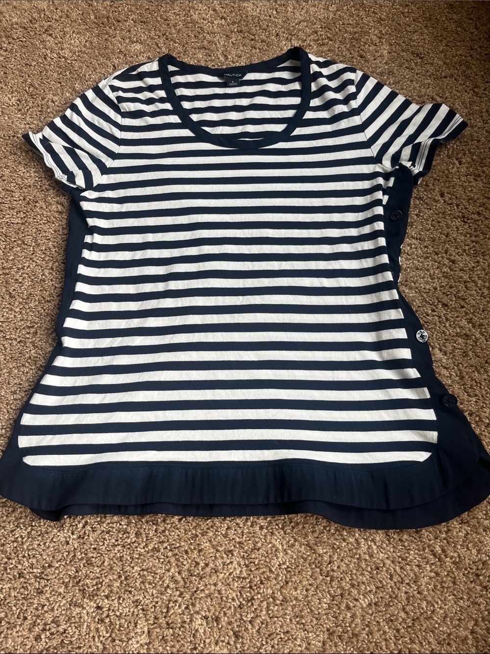 Nautica Navy and White Striped Button-Side Tee Size L